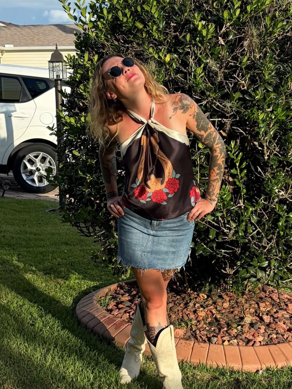Tecovas Black Leather Women's Cowboy Boots with Red Rose Embroidery scarf.